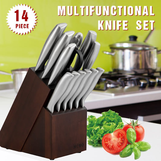 14 pcs WOODEN BLOCK Self-Sharpening Knife Set with Block, Chef Knife, Bread Knife, Steak Knife Set, Stainless Steel