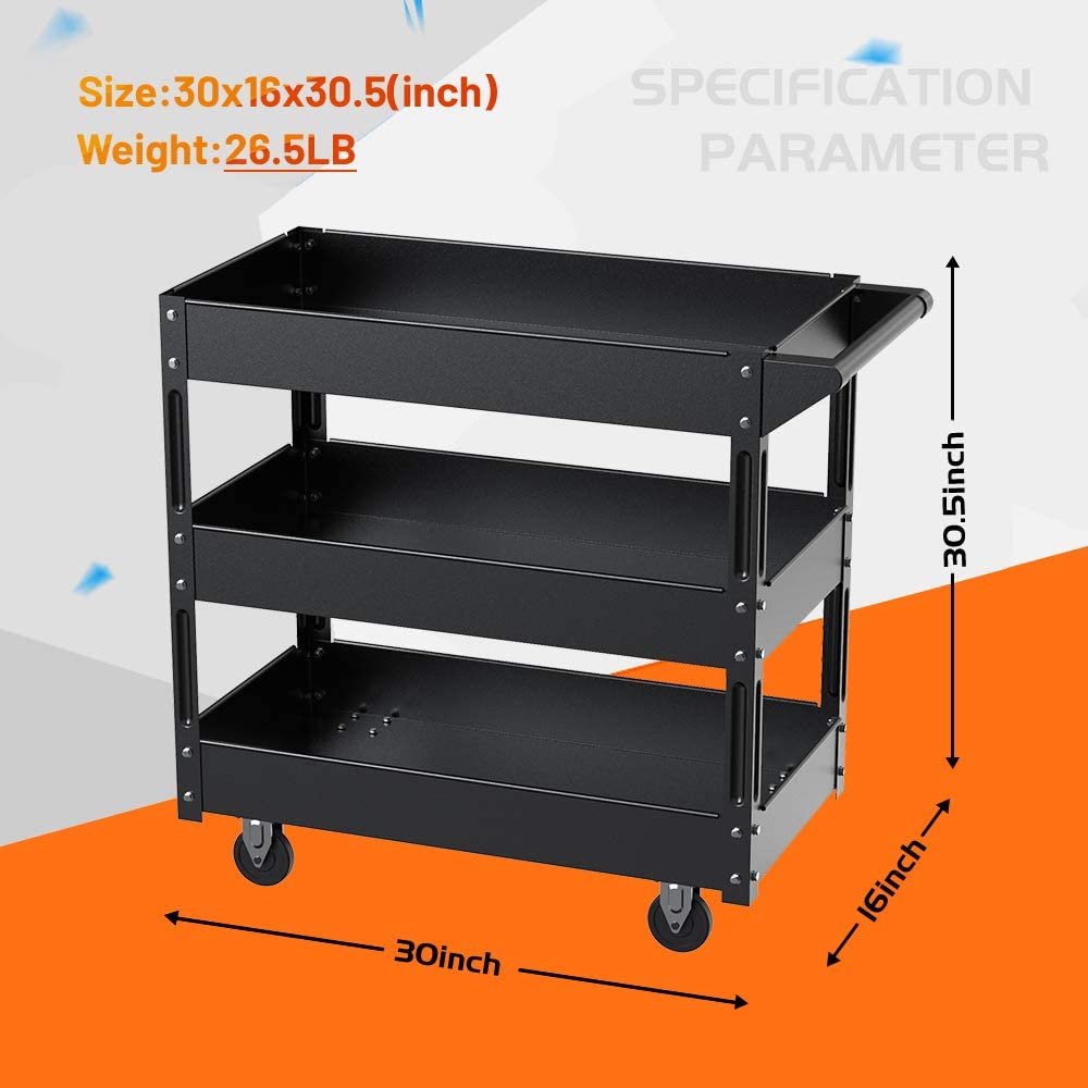 KAPAS Steel 3-Shelf Multipurpose Utility/Supply/Service/Tool Cart Great for Garage, Warehouse, Cleaning, Office & Workplace
