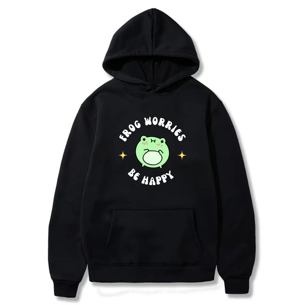 "Frog worries be happy " Logo Design. Ezwear Casual Hooded Sweatshirts, Long Sleeve Pullovers with Drawstring, Slight Stretch, Solid Color, Loose Fit,Daily Wear-Summer-Winter, 60% Cotton 40% Polyester, provide hoodies for McDonald's in the US