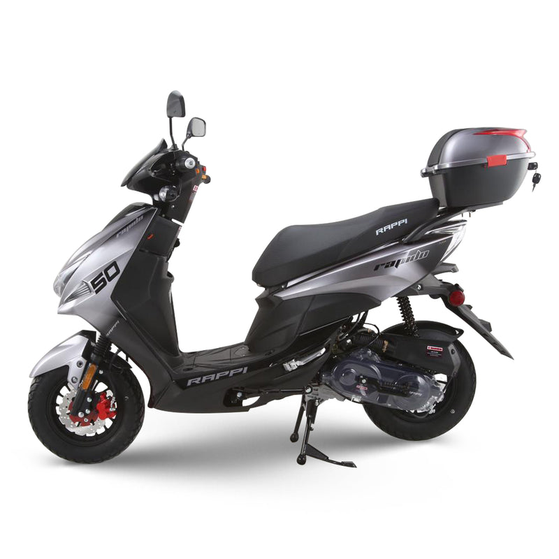 RAPPI RAPIDO-50 Silver Street Legal Scooter 50-49cc Equipped With Rear Storage Trunk, Four Stroke, Cylinder, CVT