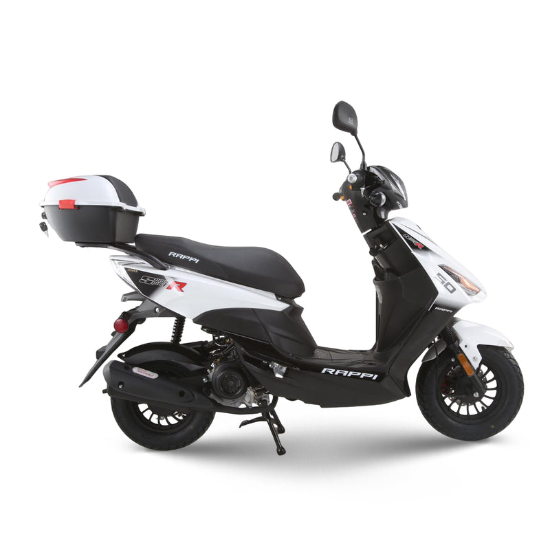 RAPPI RSS-50 White Street Legal Scooter 50-49cc Equipped With Rear Storage Trunk, Four Stroke, Cylinder, CVT