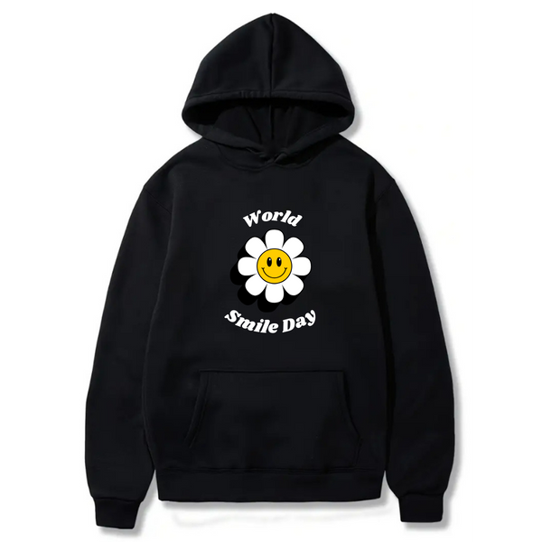 World Smile Day Logo Design. Ezwear Casual Hooded Sweatshirts, Long Sleeve Pullovers with Drawstring, Slight Stretch, Solid Color, Loose Fit,Daily Wear-Summer-Winter, 60% Cotton 40% Polyester, provide hoodies for McDonald's in the US