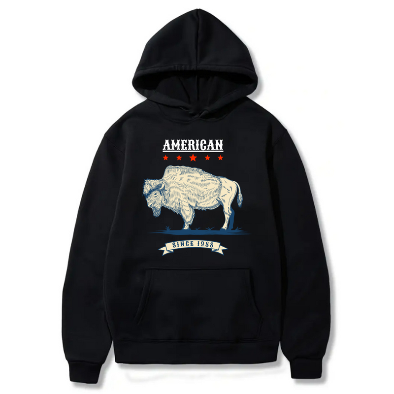 American Buffalo Logo Design. Ezwear Casual Hooded Sweatshirts, Long Sleeve Pullovers with Drawstring, Slight Stretch, Solid Color, Loose Fit,Daily Wear-Summer-Winter, 60% Cotton 40% Polyester, provide hoodies for McDonald's in the US