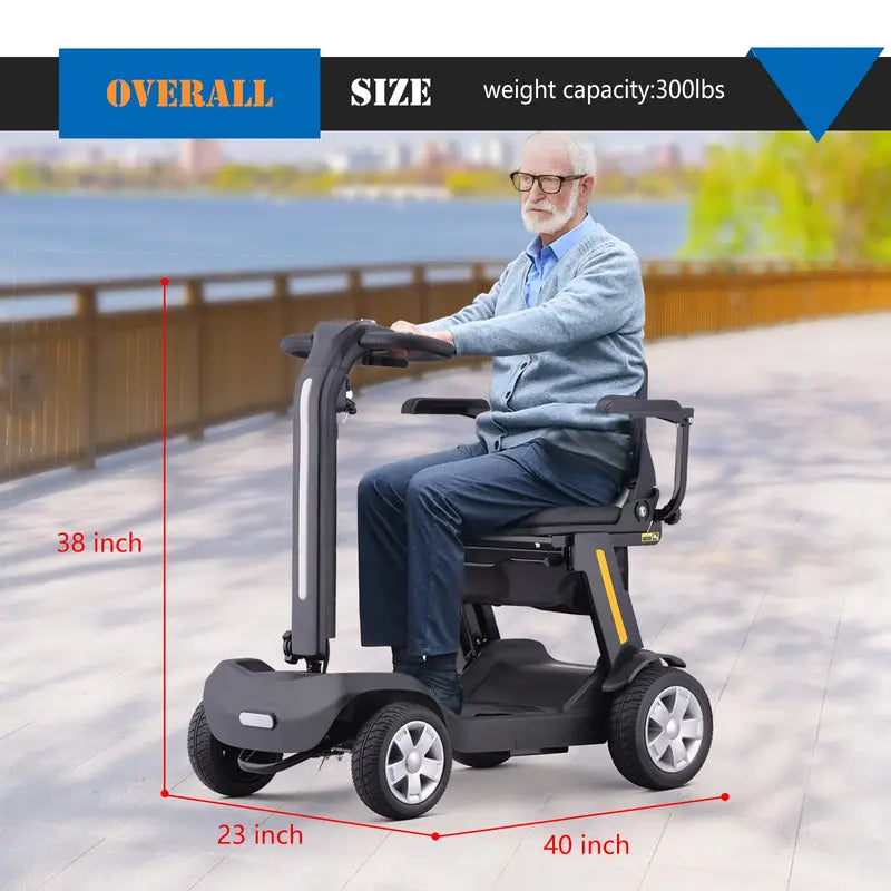 Foldable Mobility Scooter for Adults & Senior, 4 Wheels Powered Device for Travel, Lightweight and Portable, with LED Strip Light, Storage Bag, Charger Included, No Assemble Required