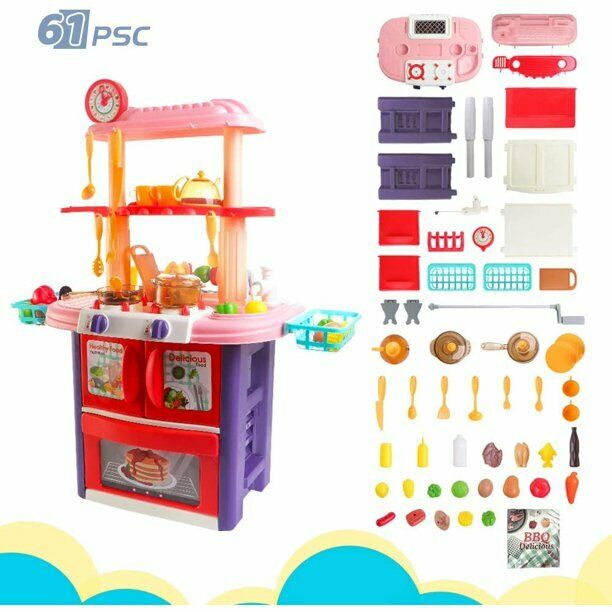 HILLO BBQ & Kitchen Playset for Kids, Double Side Cooking Accessories Set Pink