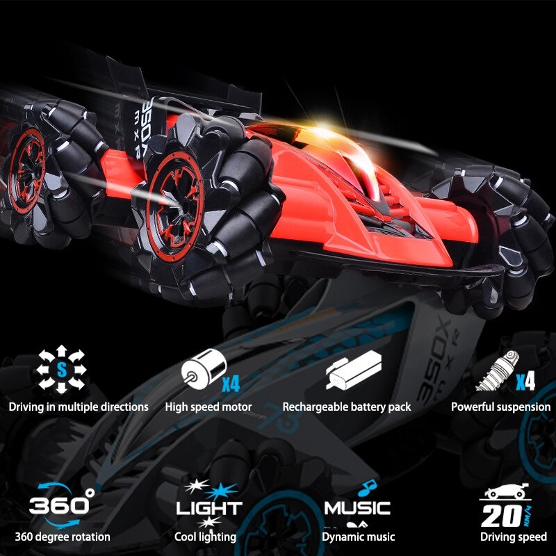 HILLO 2.4G RC Drift Stunt Car 4WD Multi-Direction LED High Speed Off-Road Vehicle With Tail Glowing Water Vapor Jet - Handle Remote Control And Watch Style Gravity Remote Control Included (Red)