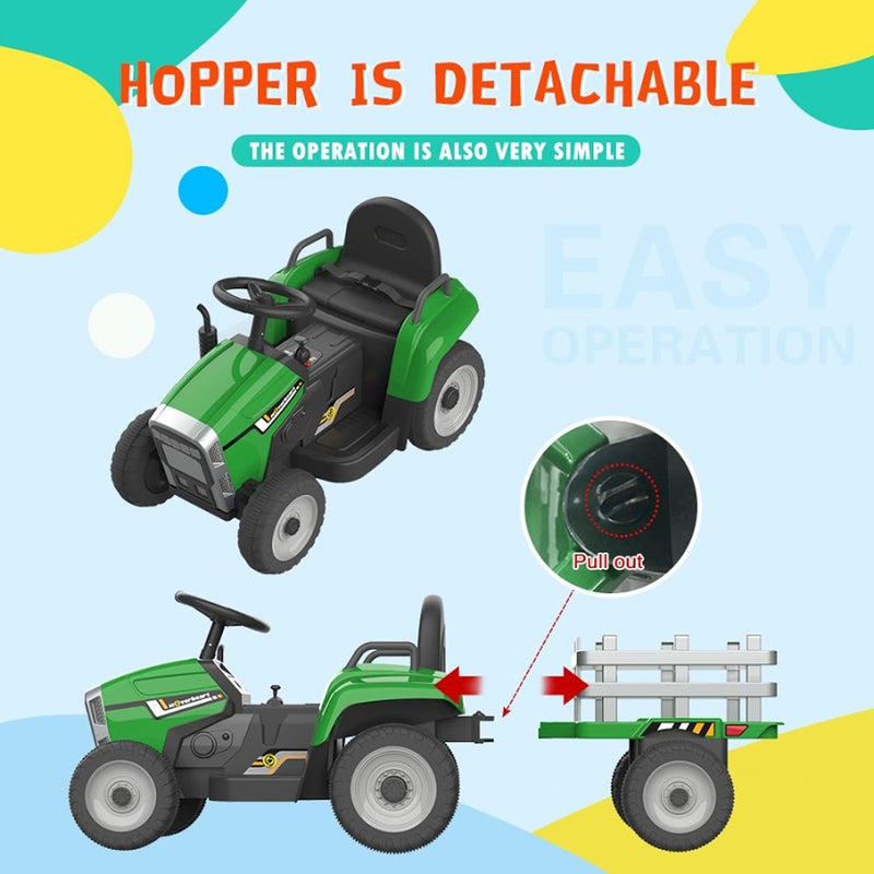 HOVER HEART Electric Tractor 12V Ride-On Toys with Trailer, Music, Manual Gear Shift and Remote Control (Green)